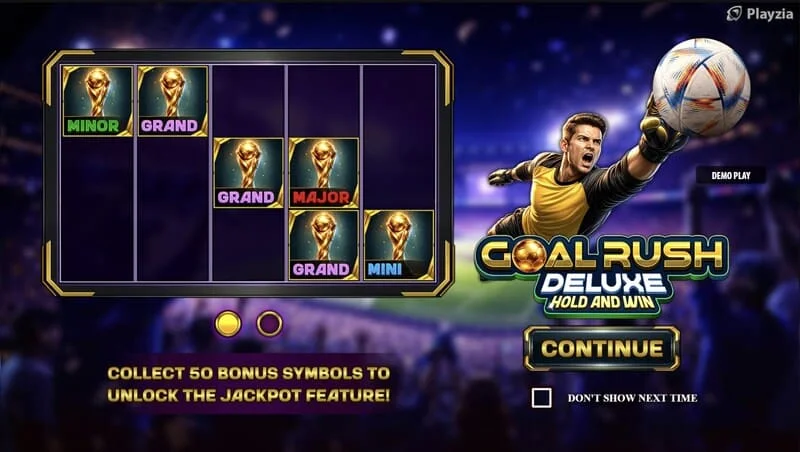 Goal Rush Deluxe – menu główne z bębnami i trybunami stadionu